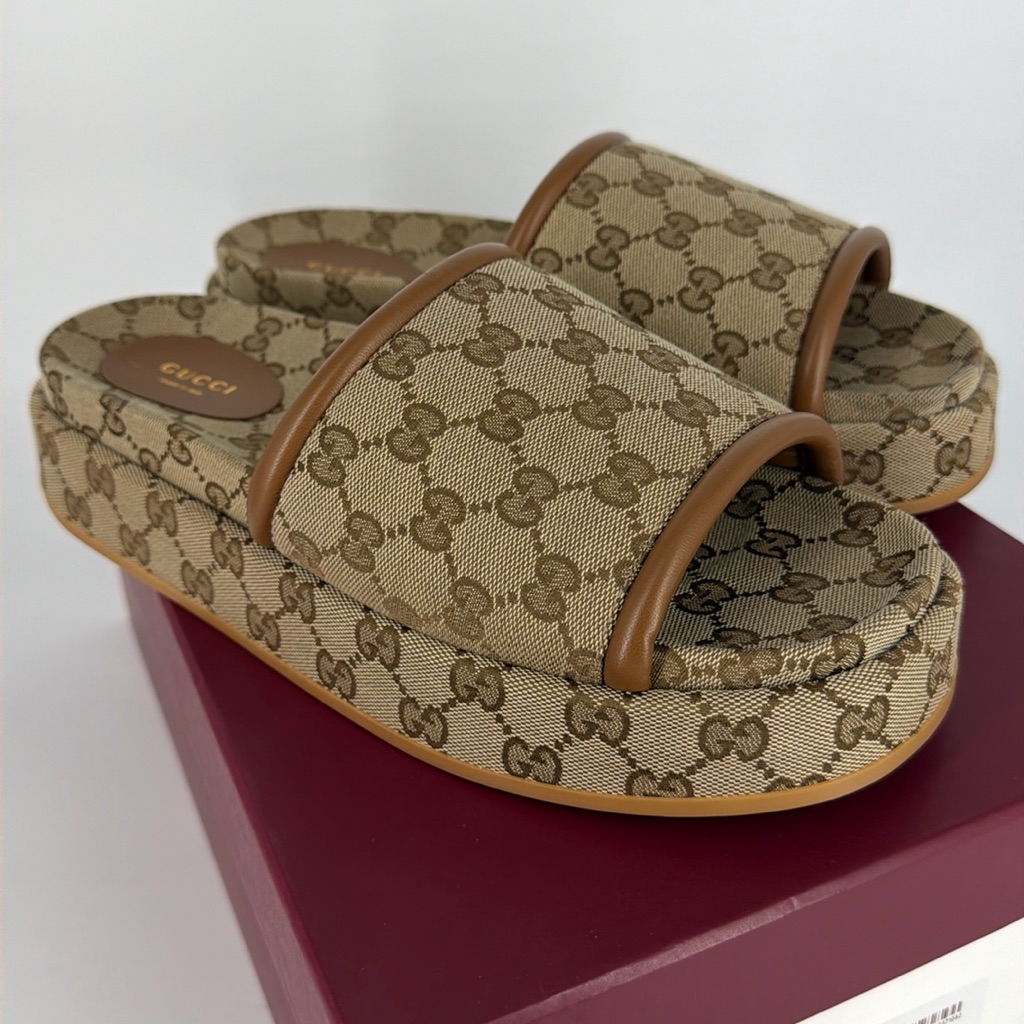 Gucci 42 Brown Gg Logo And Leather Trim Platform Slide Sandals E951